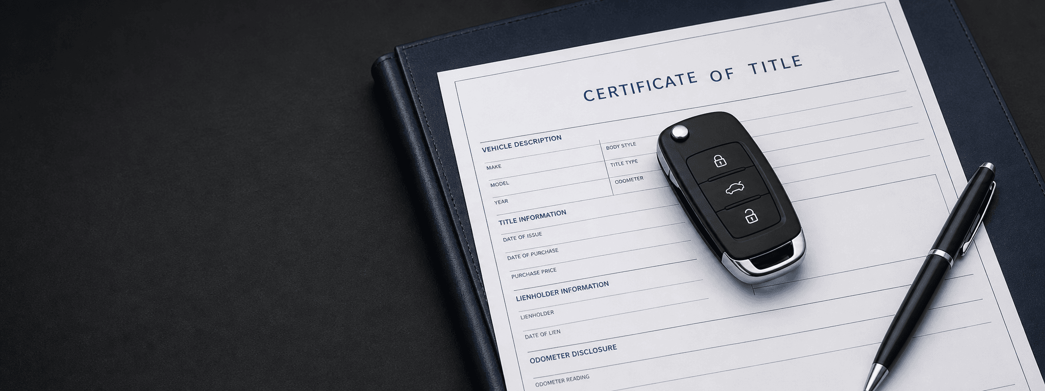 Car key on a blank vehicle title document